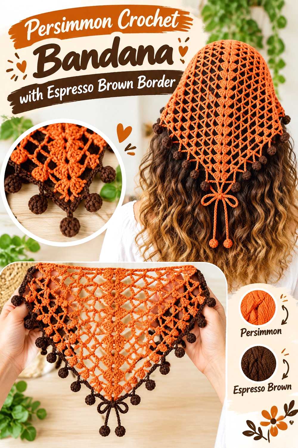 14. Persimmon Crochet Bandana With Espresso Brown Border
