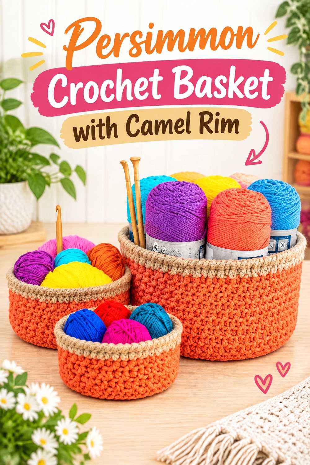 3. Persimmon Crochet Basket With Camel Rim
