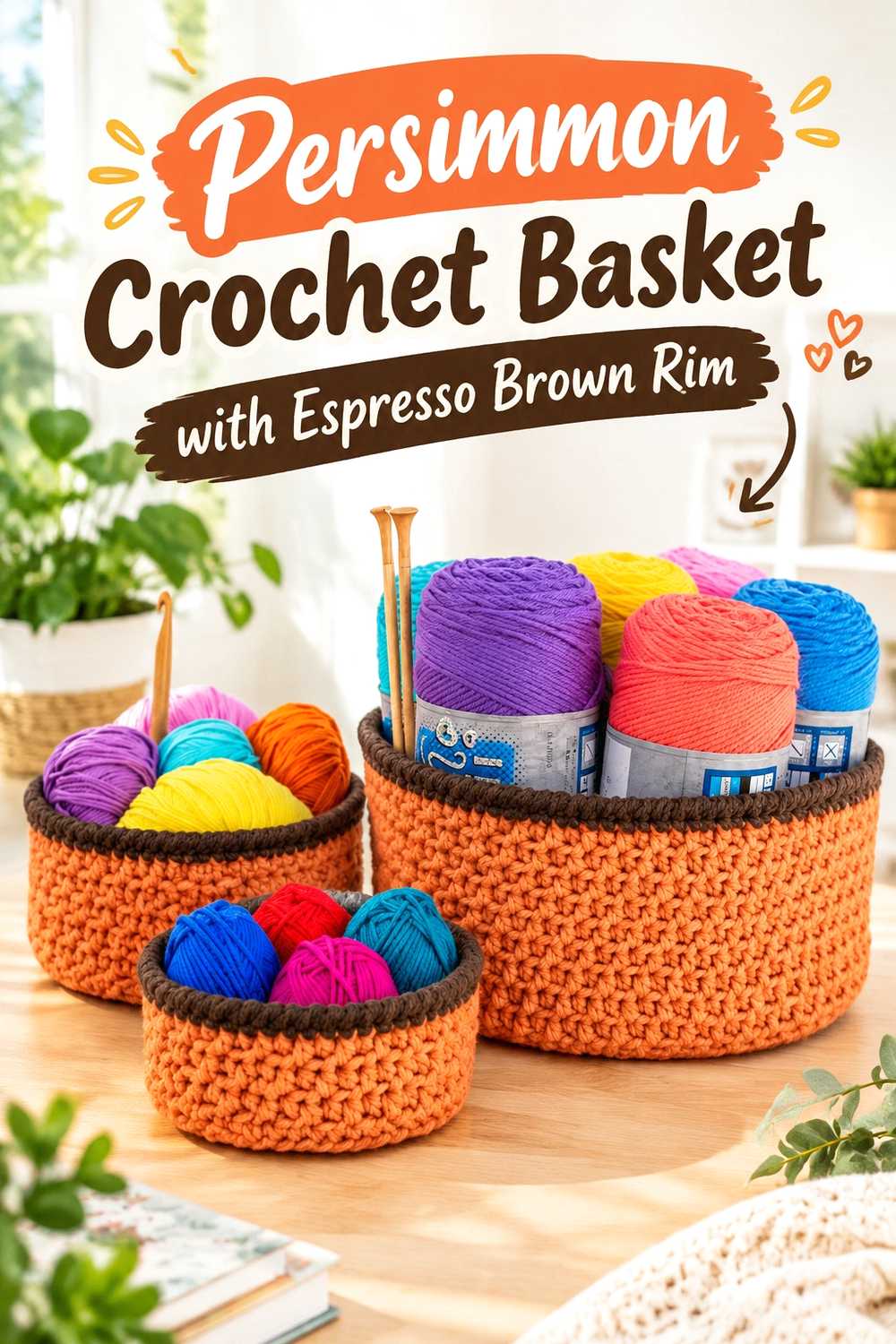 3. Persimmon Crochet Basket With Espresso Brown Rim