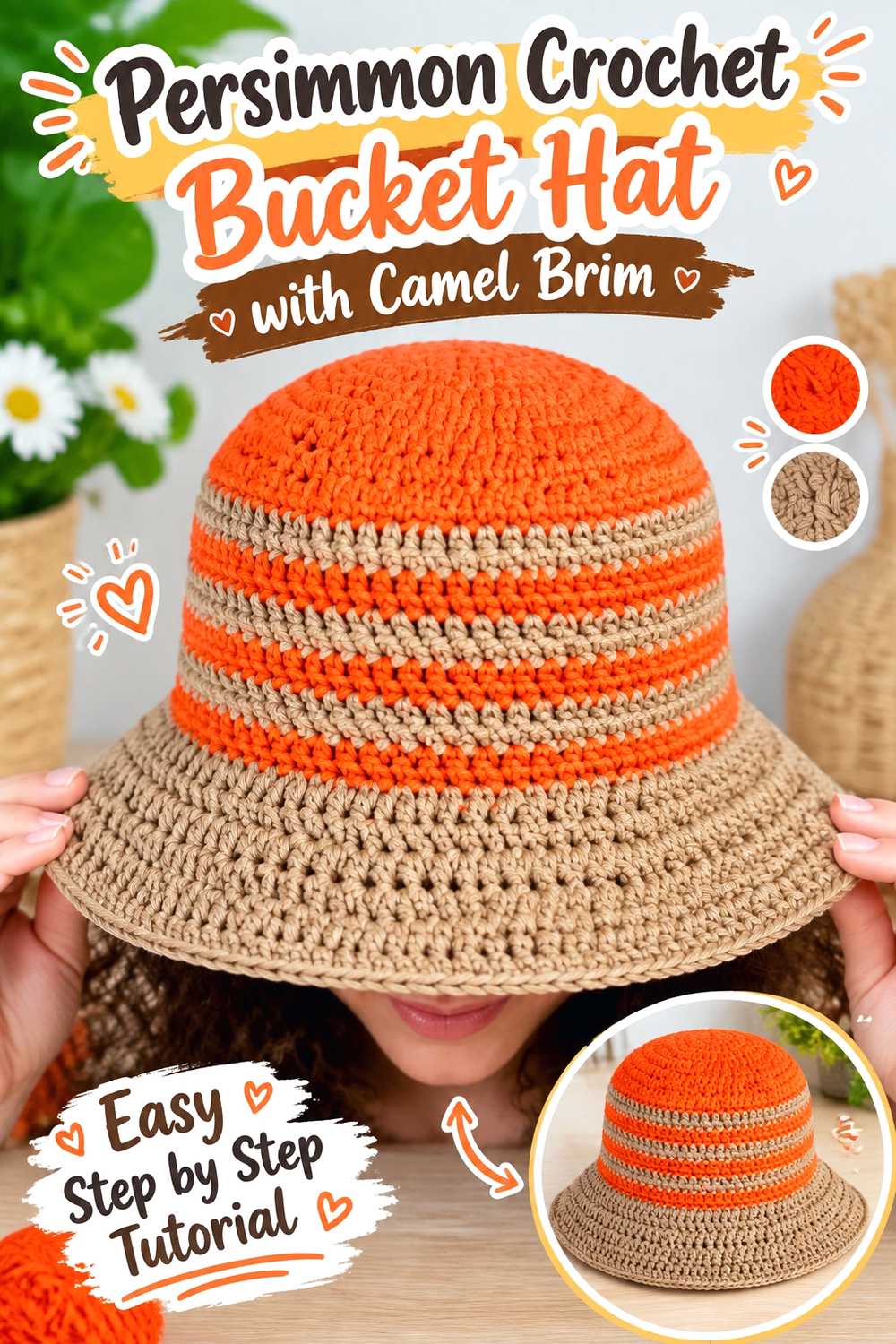 13. Persimmon Crochet Bucket Hat With Camel Brim