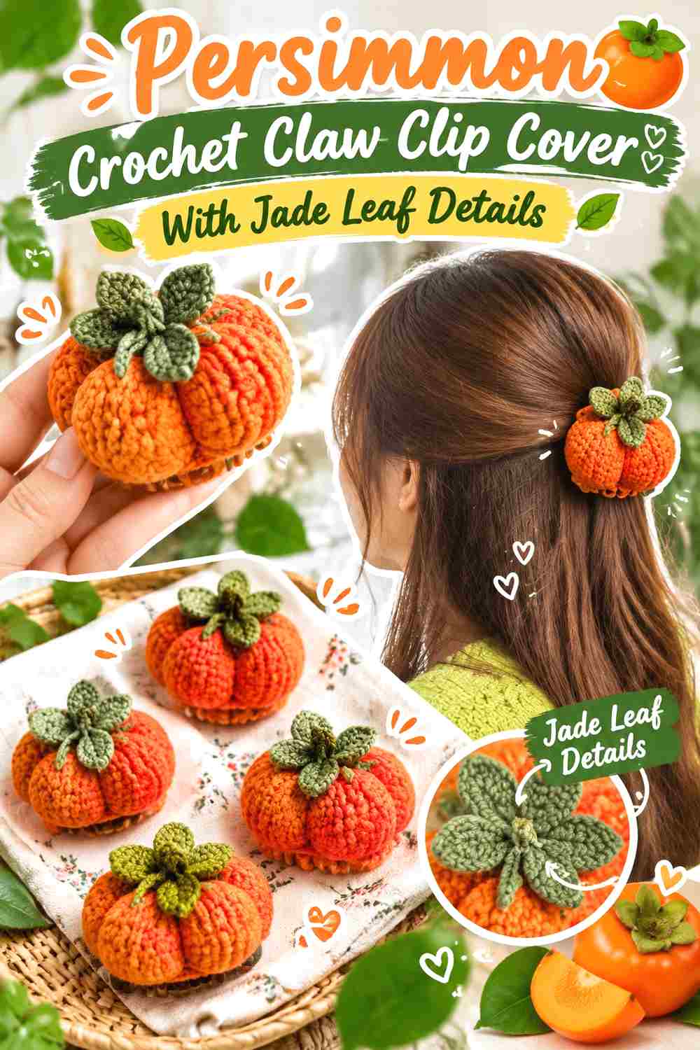 5. Persimmon Crochet Claw Clip Cover With Jade Leaf Details