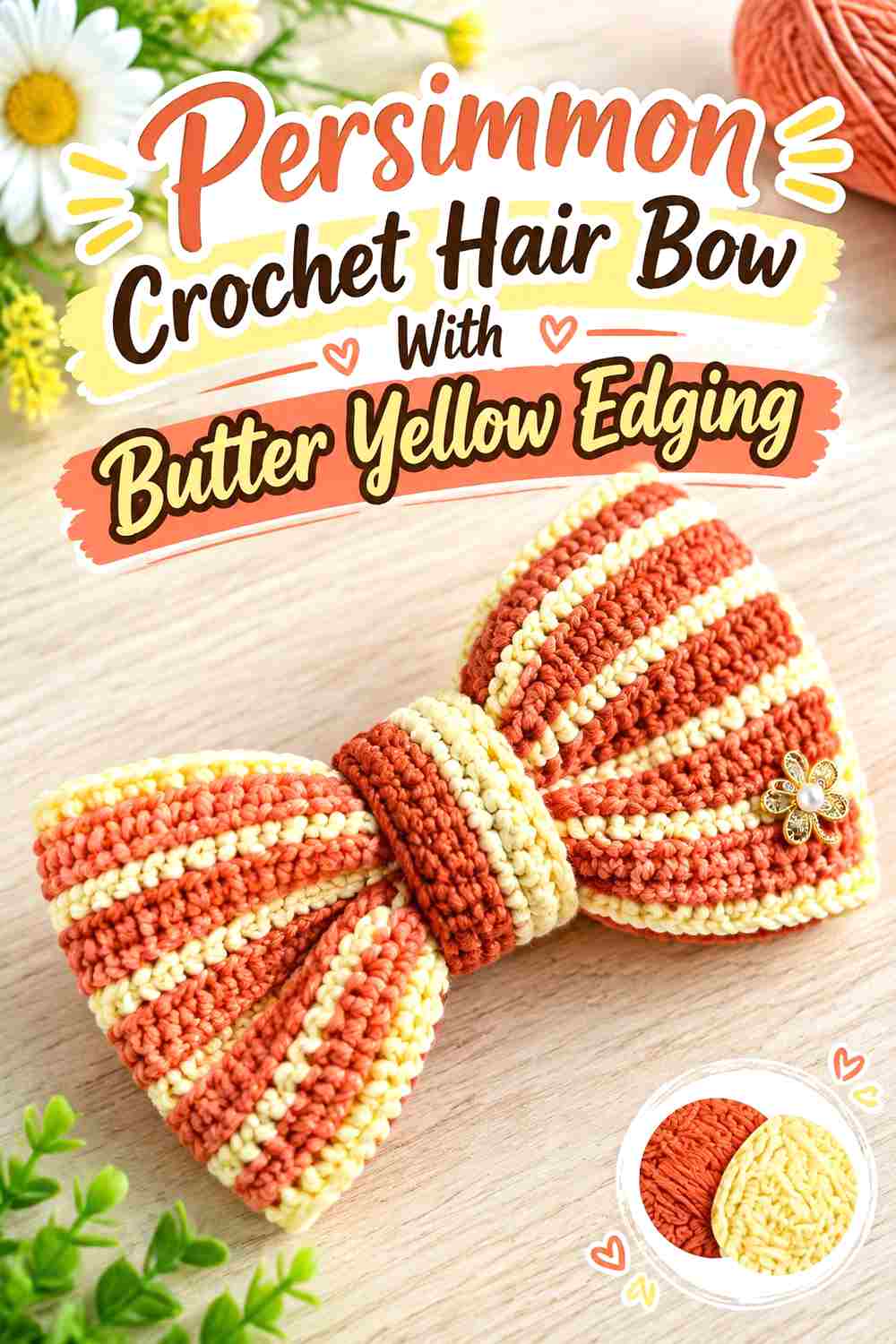 3. Persimmon Crochet Hair Bow With Butter Yellow Edging