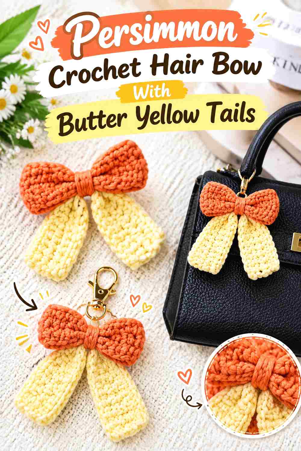 6. Persimmon Crochet Hair Bow With Butter Yellow Tails