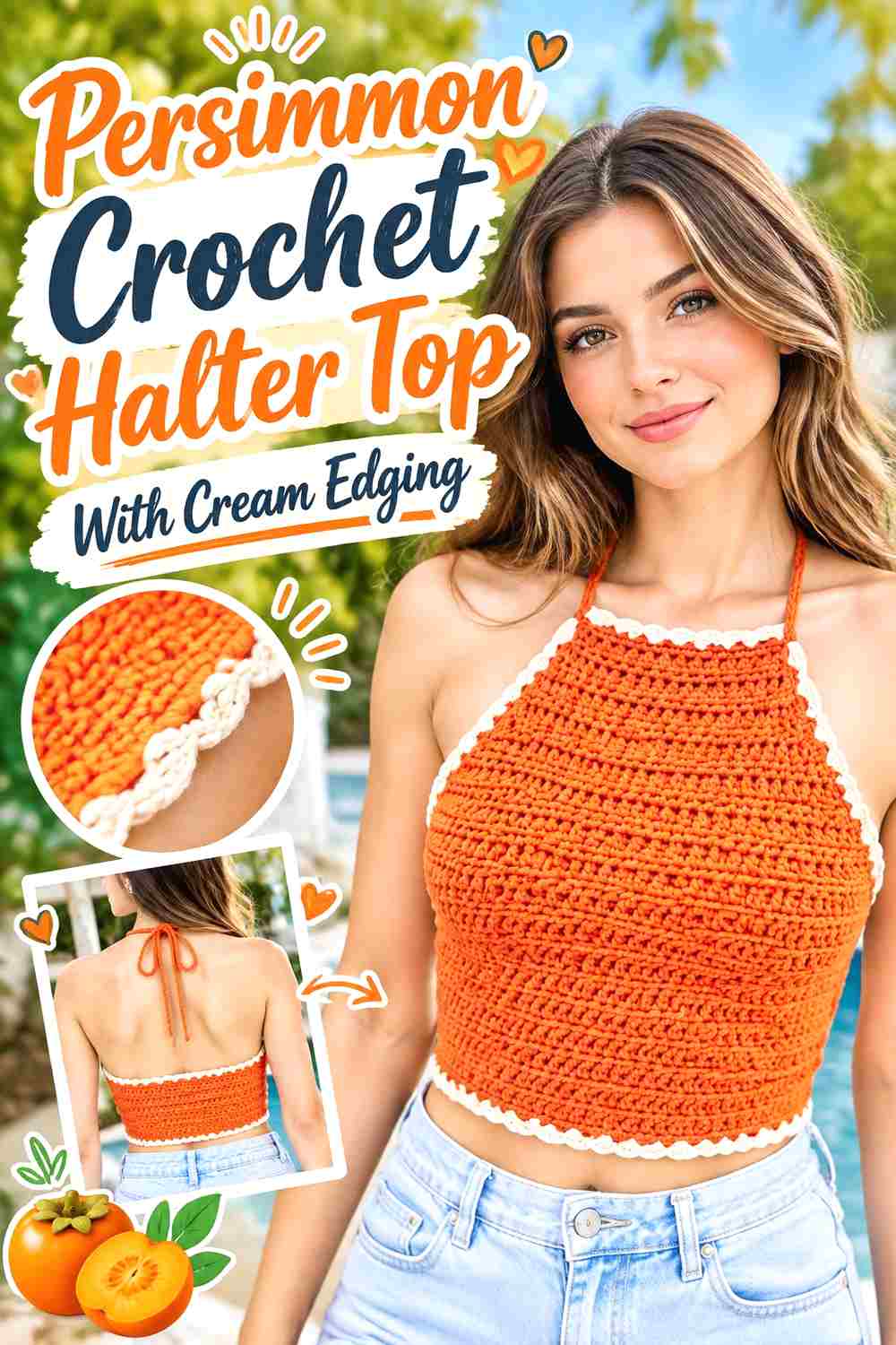 1. Persimmon Crochet Halter Top With Cream Edging