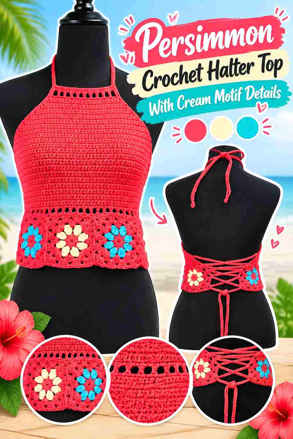 14. Persimmon Crochet Halter Top With Cream Motif Details