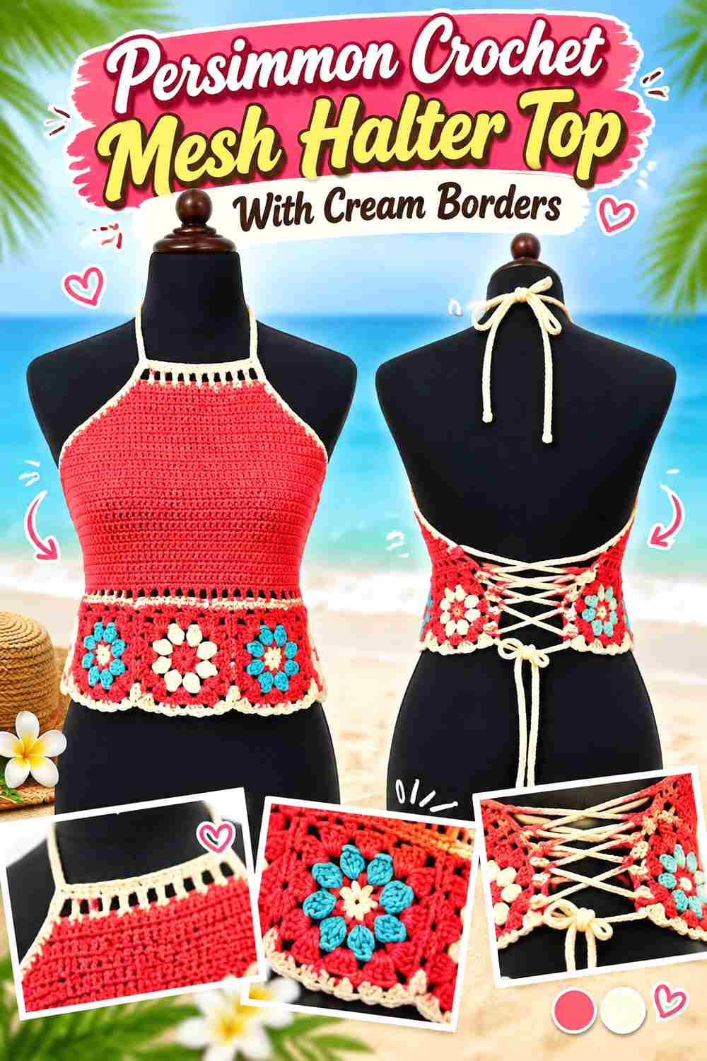 9. Persimmon Crochet Mesh Halter Top With Cream Borders