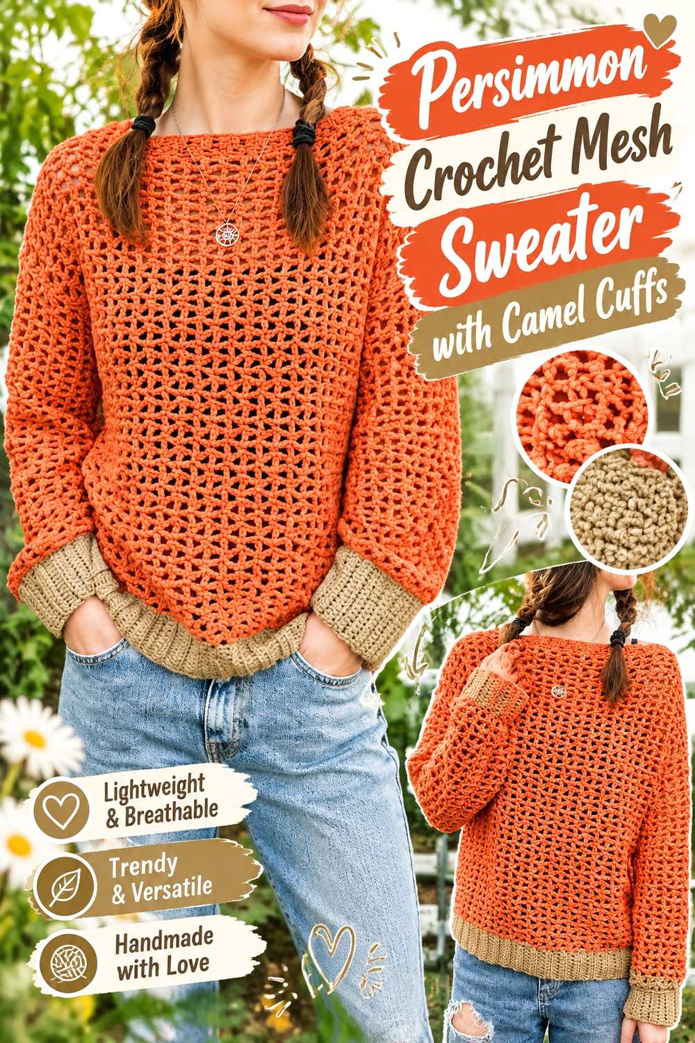 10. Persimmon Crochet Mesh Sweater With Camel Cuffs