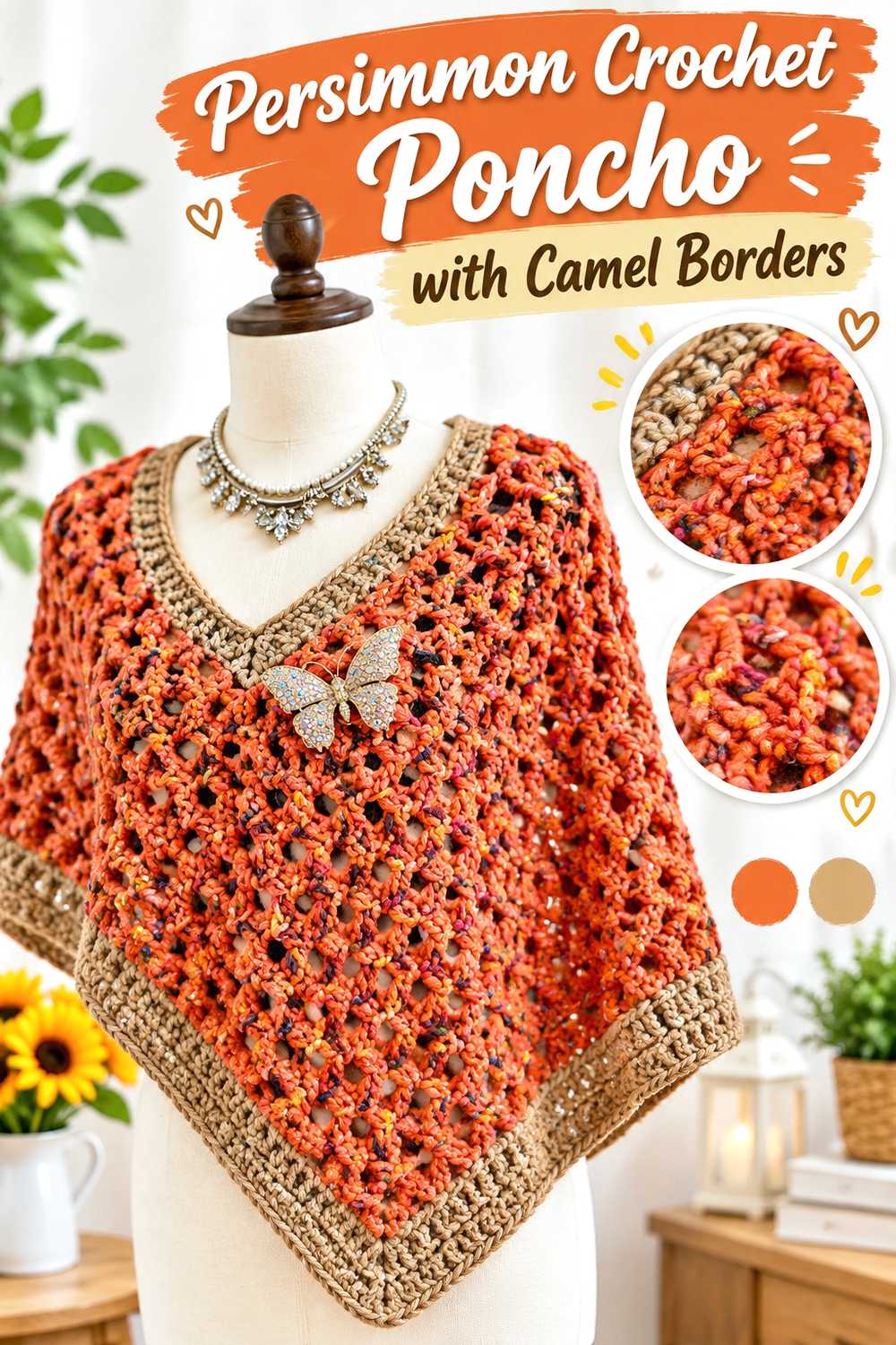 8. Persimmon Crochet Poncho With Camel Borders