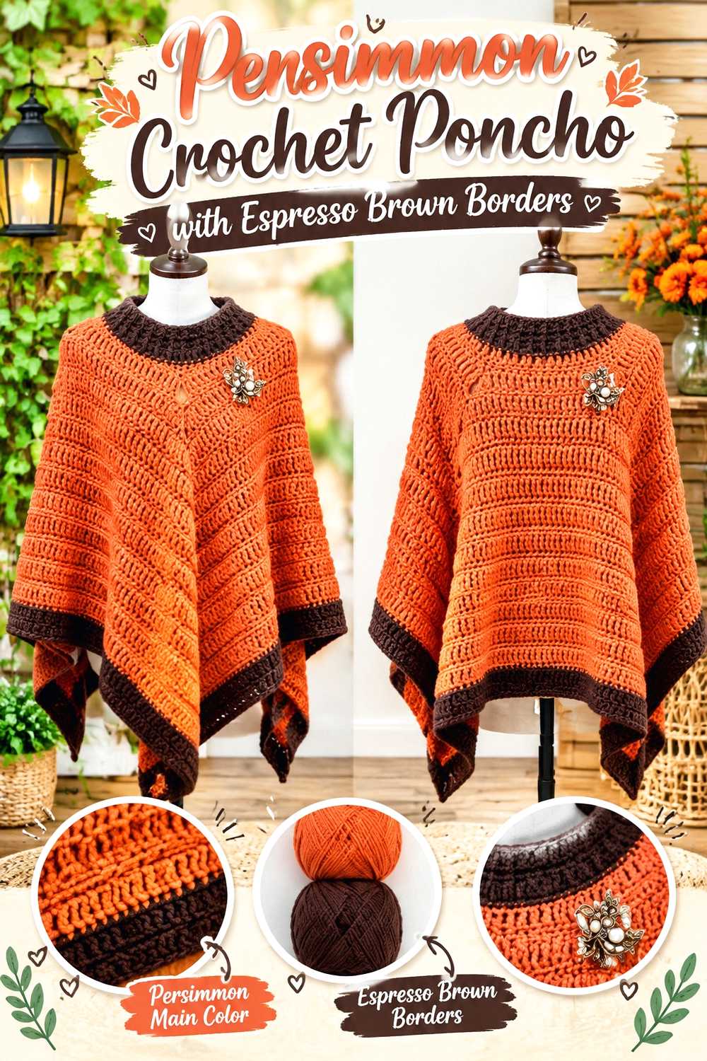 8. Persimmon Crochet Poncho With Espresso Brown Borders