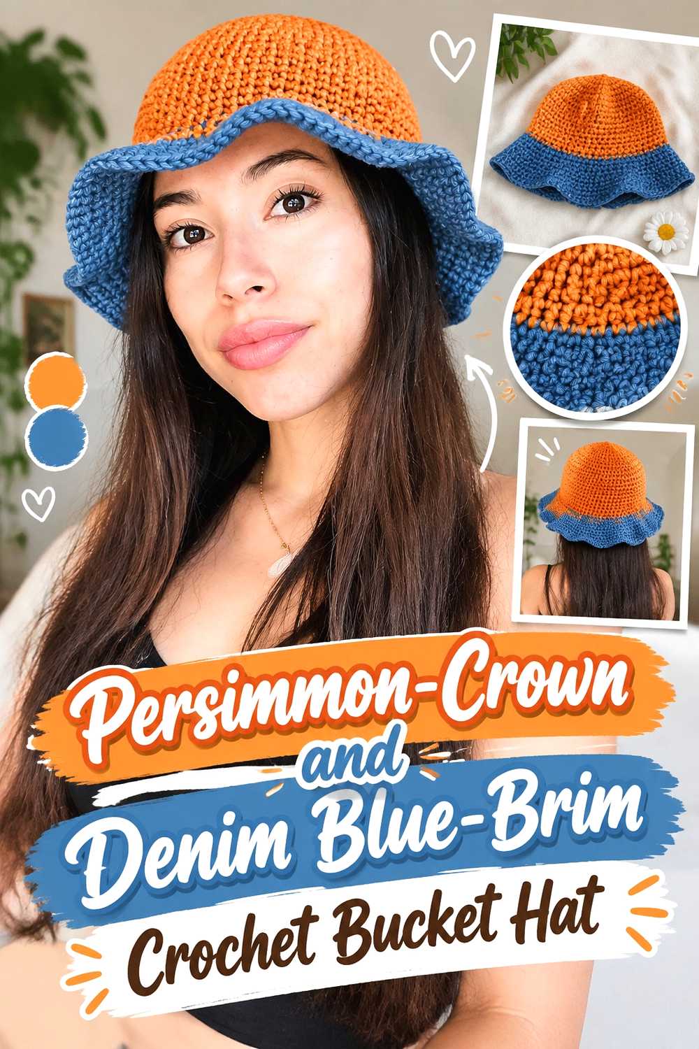 17. Persimmon Crown And Denim Blue Brim Crochet Bucket Hat