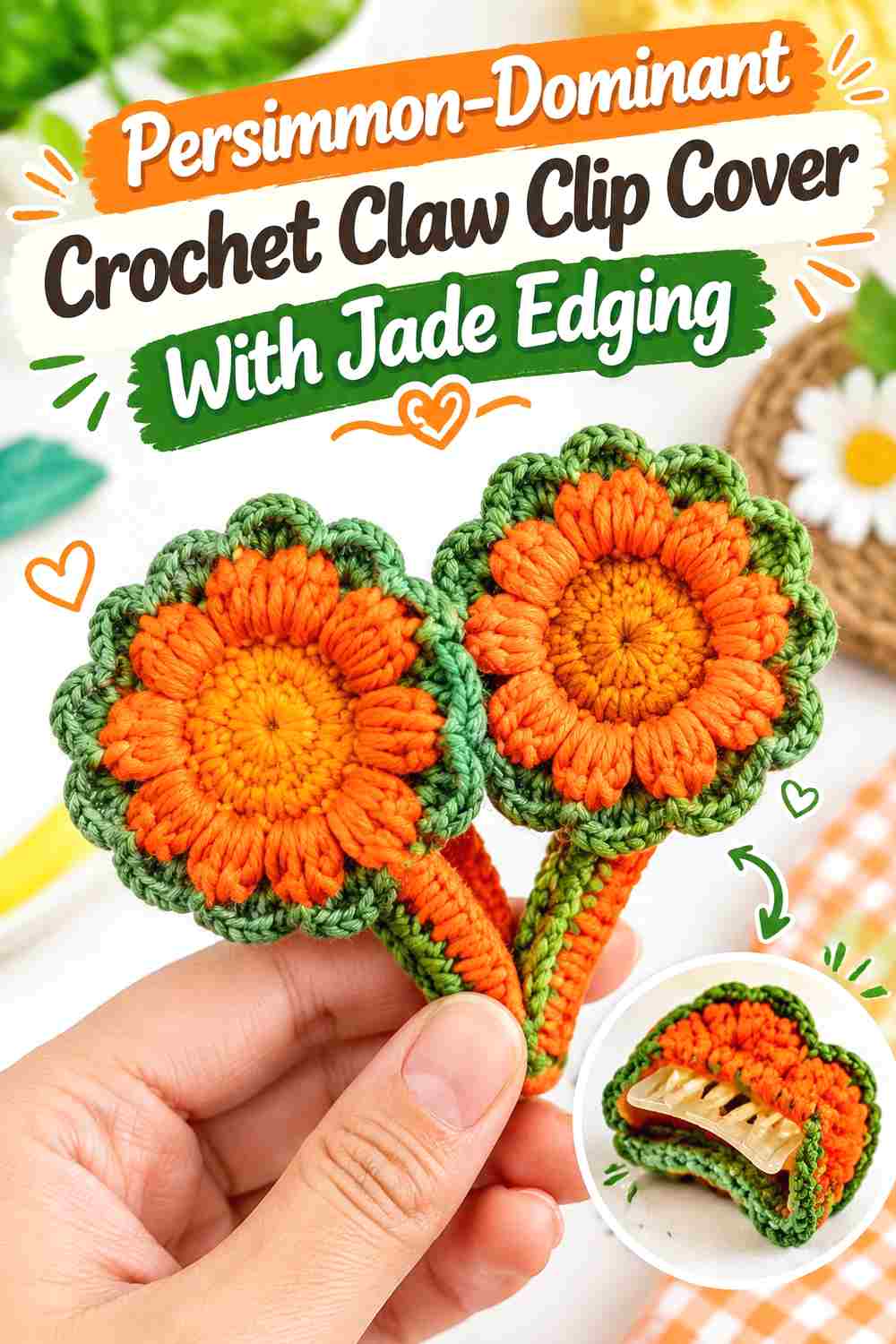 1. Persimmon Dominant Crochet Claw Clip Cover With Jade Edging