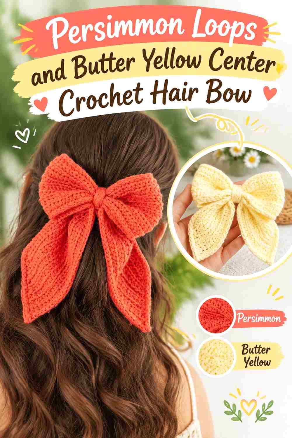 1. Persimmon Loops And Butter Yellow Center Crochet Hair Bow