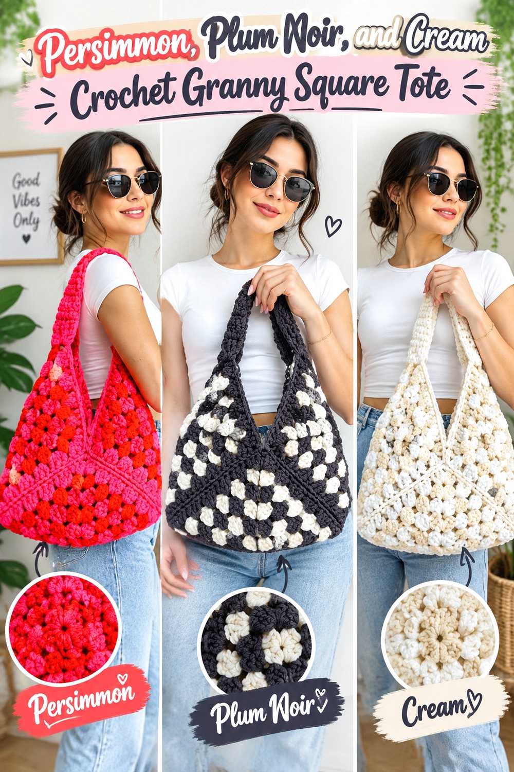 4. Persimmon Plum Noir And Cream Crochet Granny Square Tote