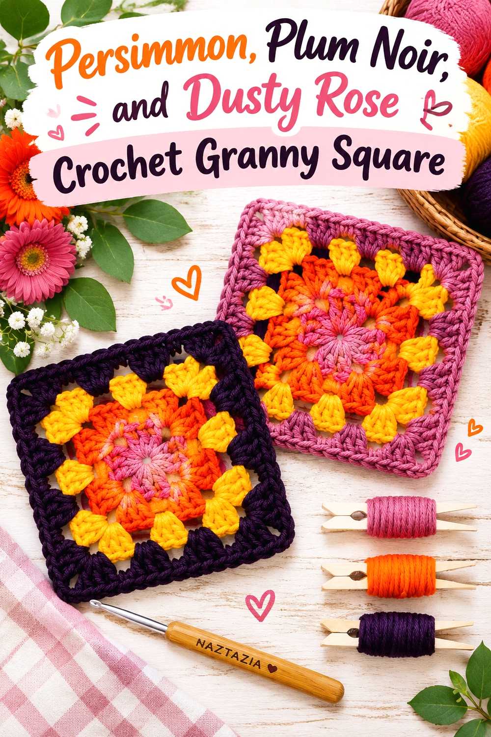 7. Persimmon Plum Noir And Dusty Rose Crochet Granny Square
