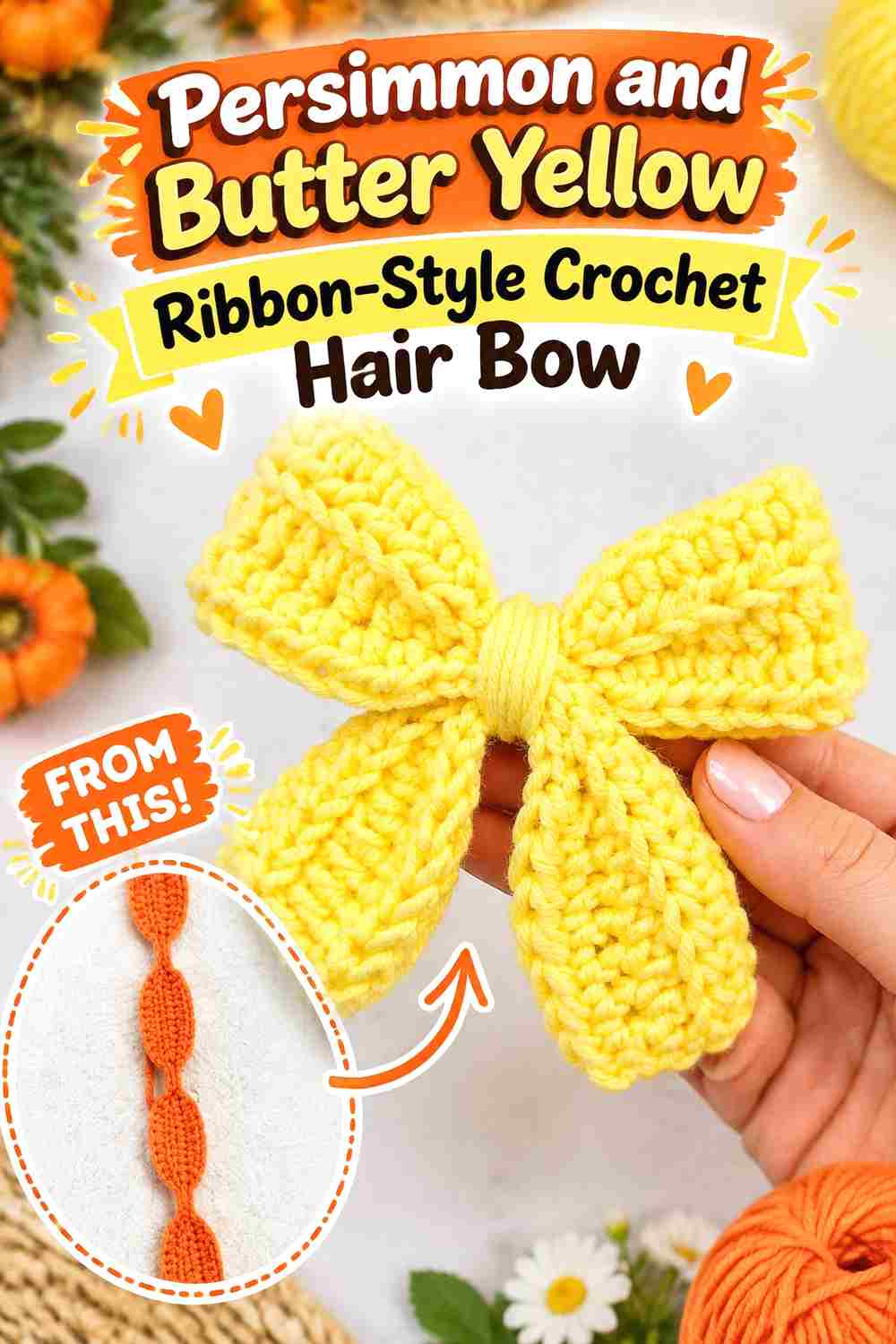 11. Persimmon And Butter Yellow Ribbon Style Crochet Hair Bow