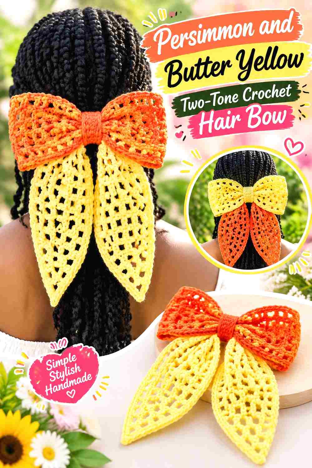 5. Persimmon And Butter Yellow Two Tone Crochet Hair Bow