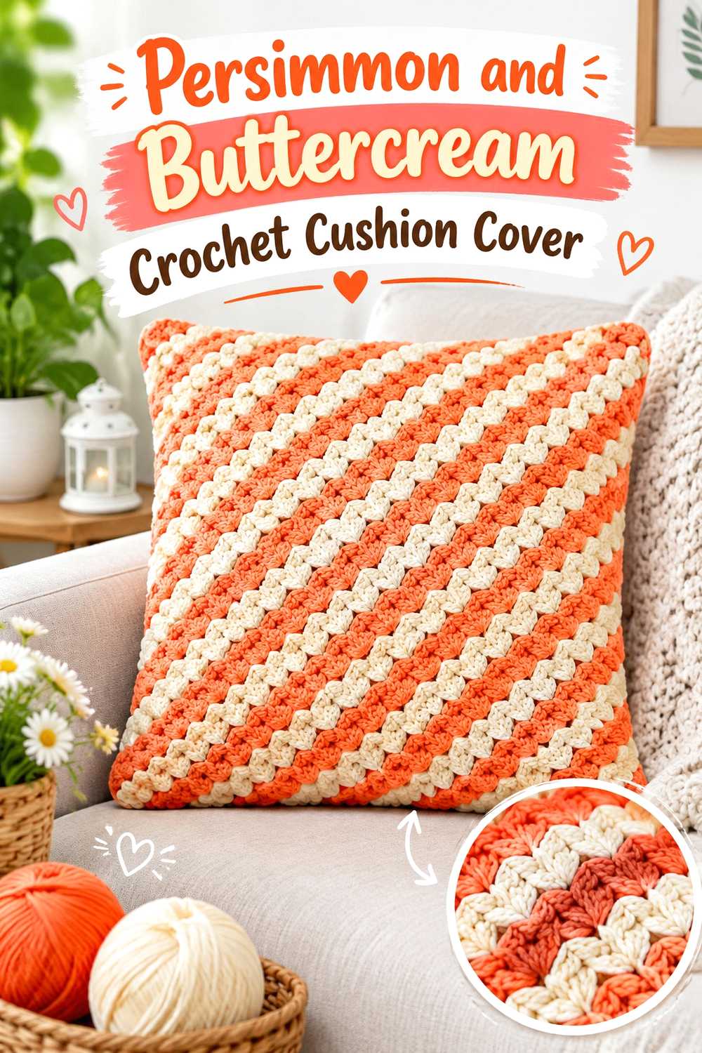 13. Persimmon And Buttercream Crochet Cushion Cover