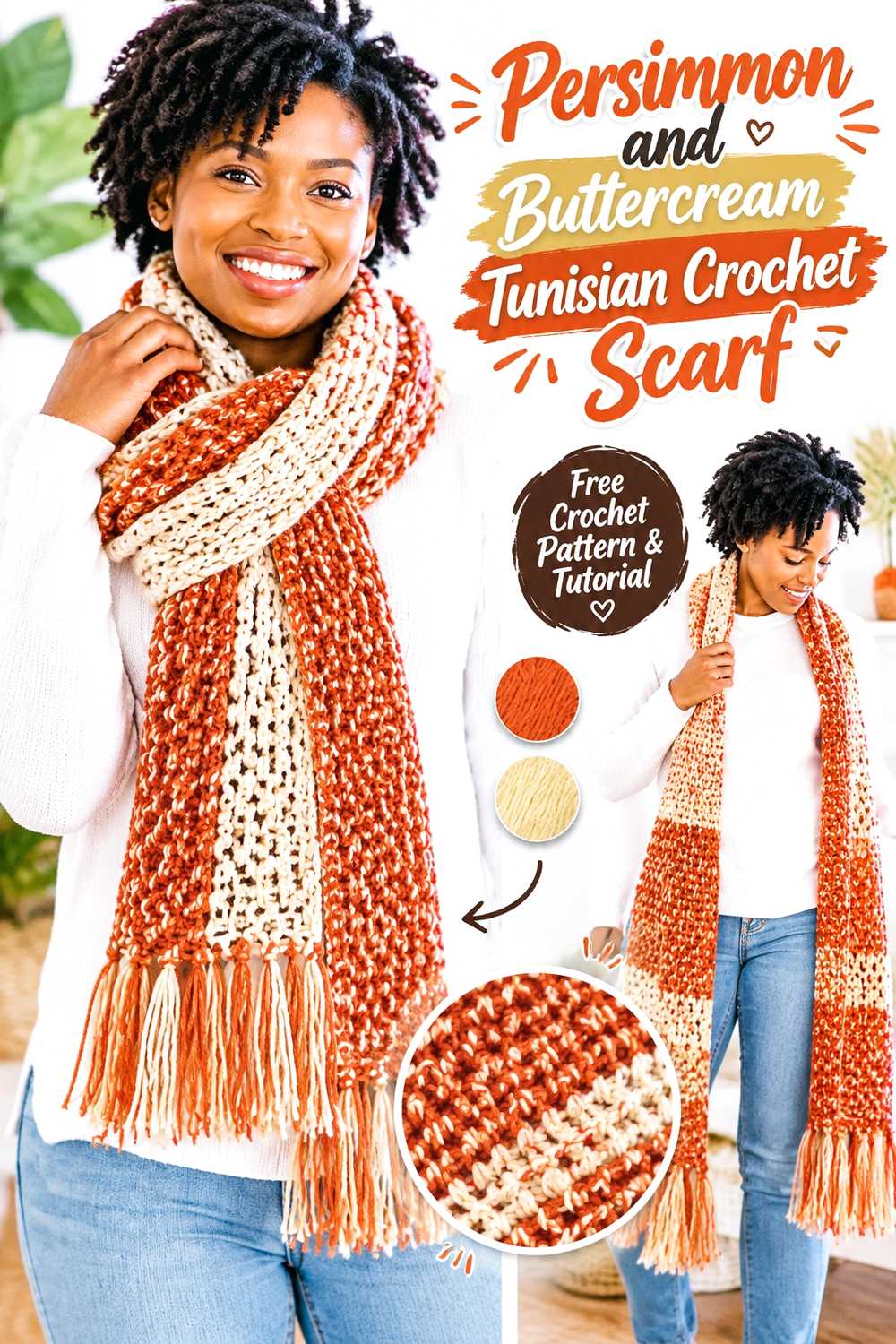 5. Persimmon And Buttercream Tunisian Crochet Scarf