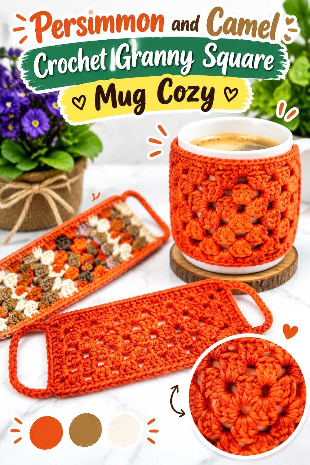 17. Persimmon And Camel Crochet Granny Square Mug Cozy