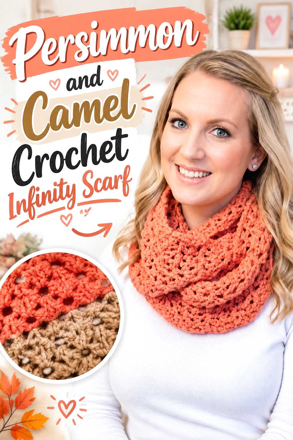 15. Persimmon And Camel Crochet Infinity Scarf