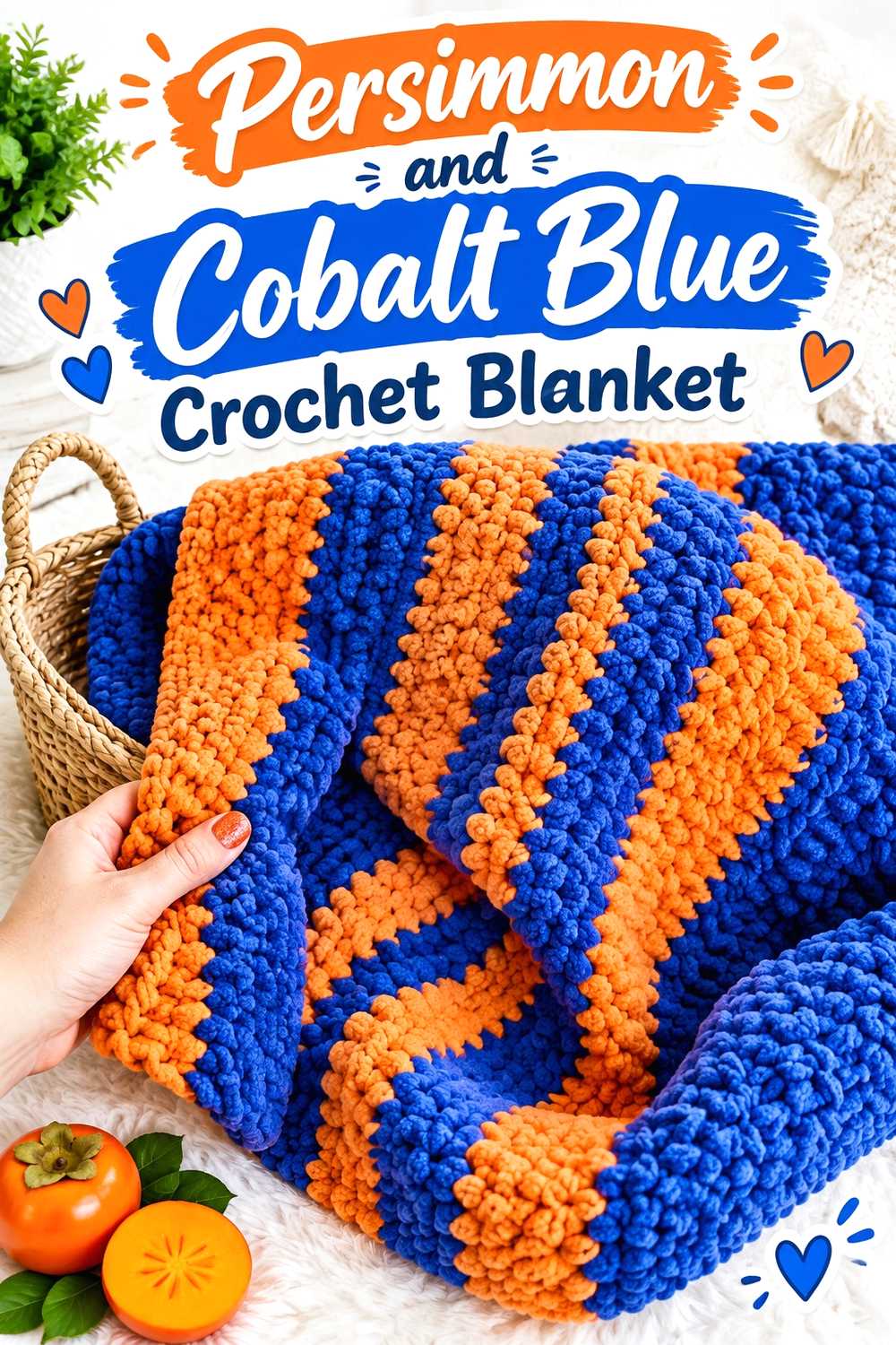 1. Persimmon And Cobalt Blue Crochet Blanket