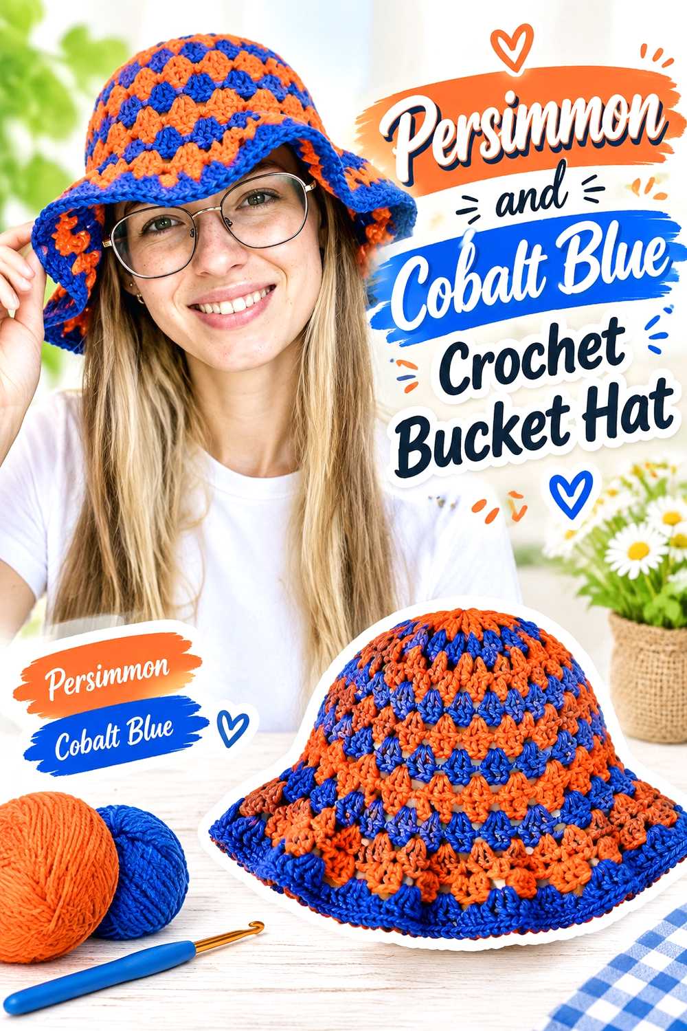 8. Persimmon And Cobalt Blue Crochet Bucket Hat