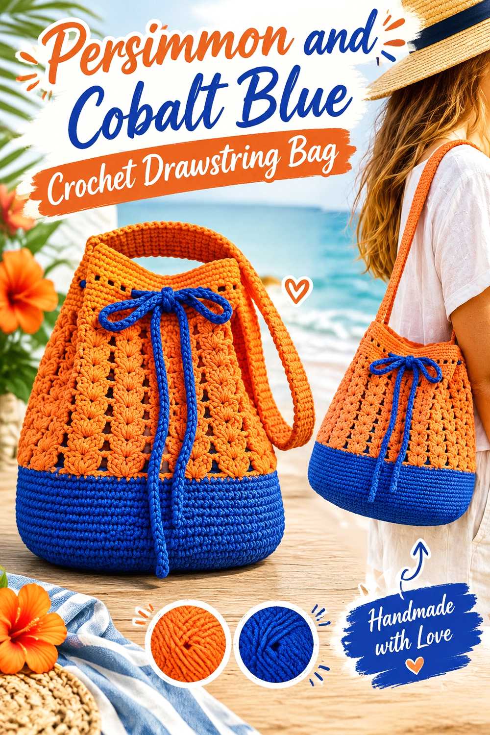 12. Persimmon And Cobalt Blue Crochet Drawstring Bag