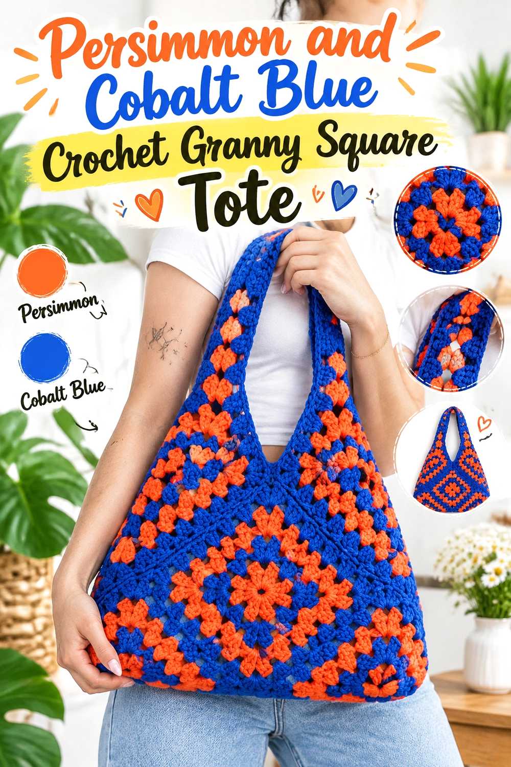 3. Persimmon And Cobalt Blue Crochet Granny Square Tote