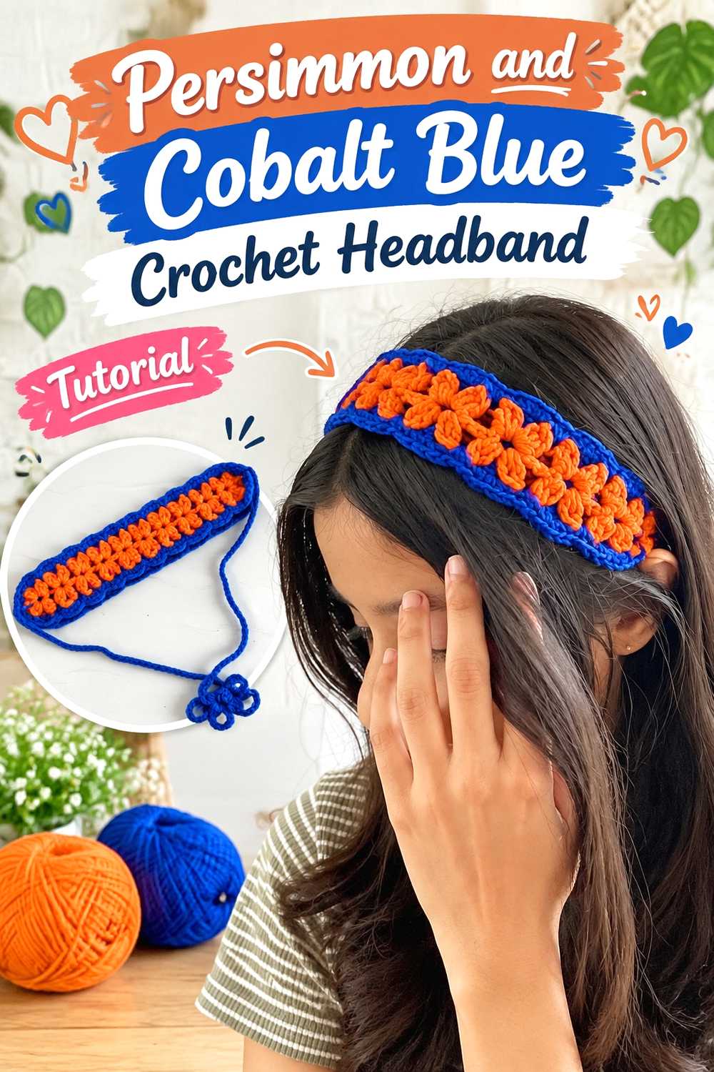 16. Persimmon And Cobalt Blue Crochet Headband