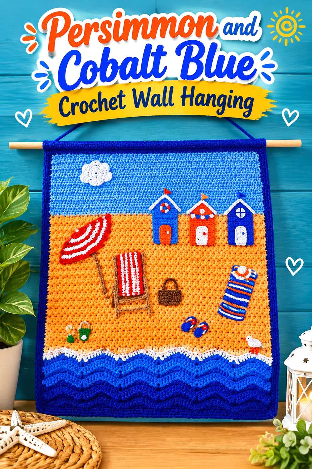 14. Persimmon And Cobalt Blue Crochet Wall Hanging