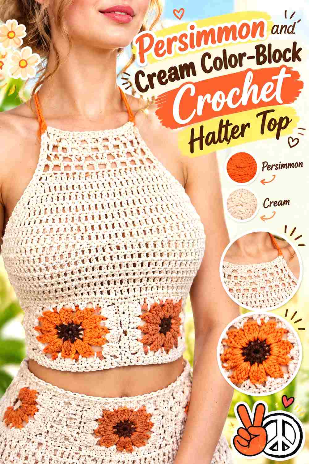 13. Persimmon And Cream Color Block Crochet Halter Top