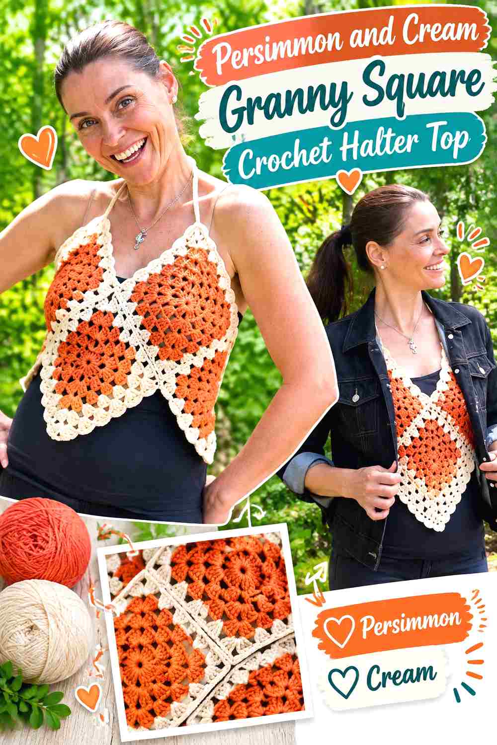 8. Persimmon And Cream Granny Square Crochet Halter Top