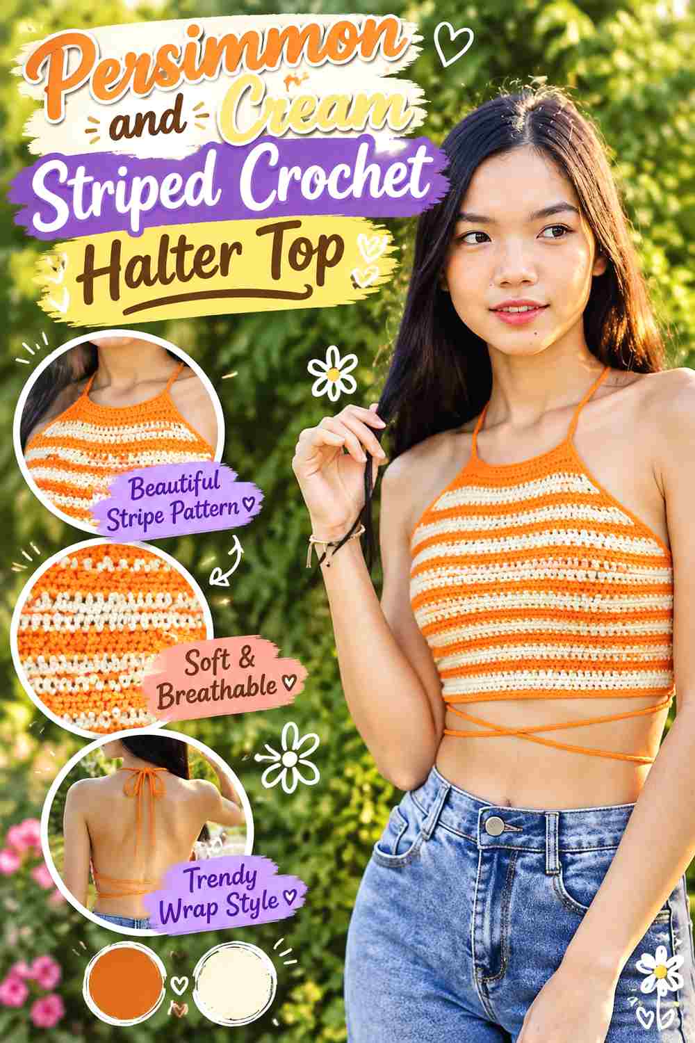 5. Persimmon And Cream Striped Crochet Halter Top
