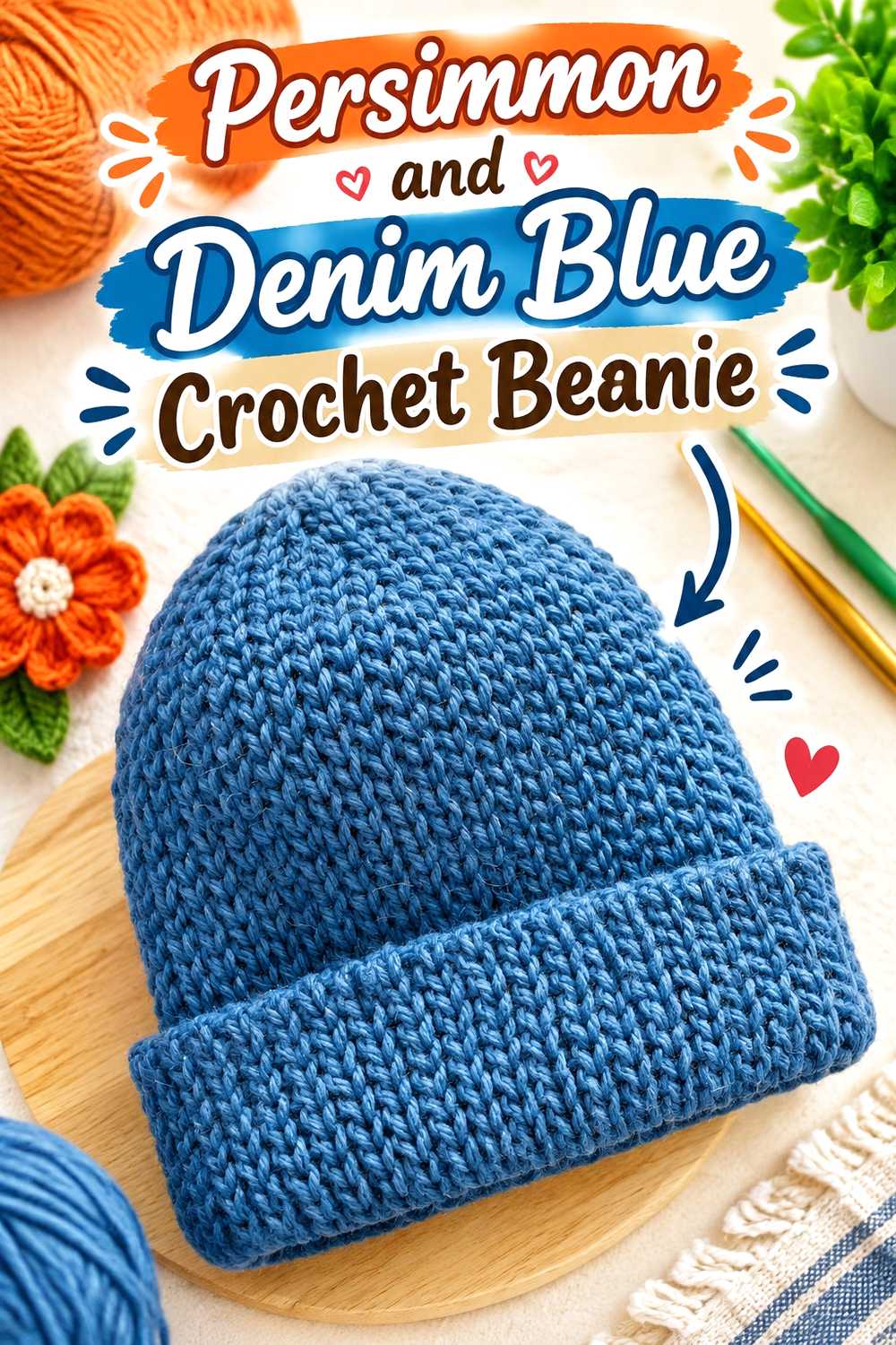 6. Persimmon And Denim Blue Crochet Beanie
