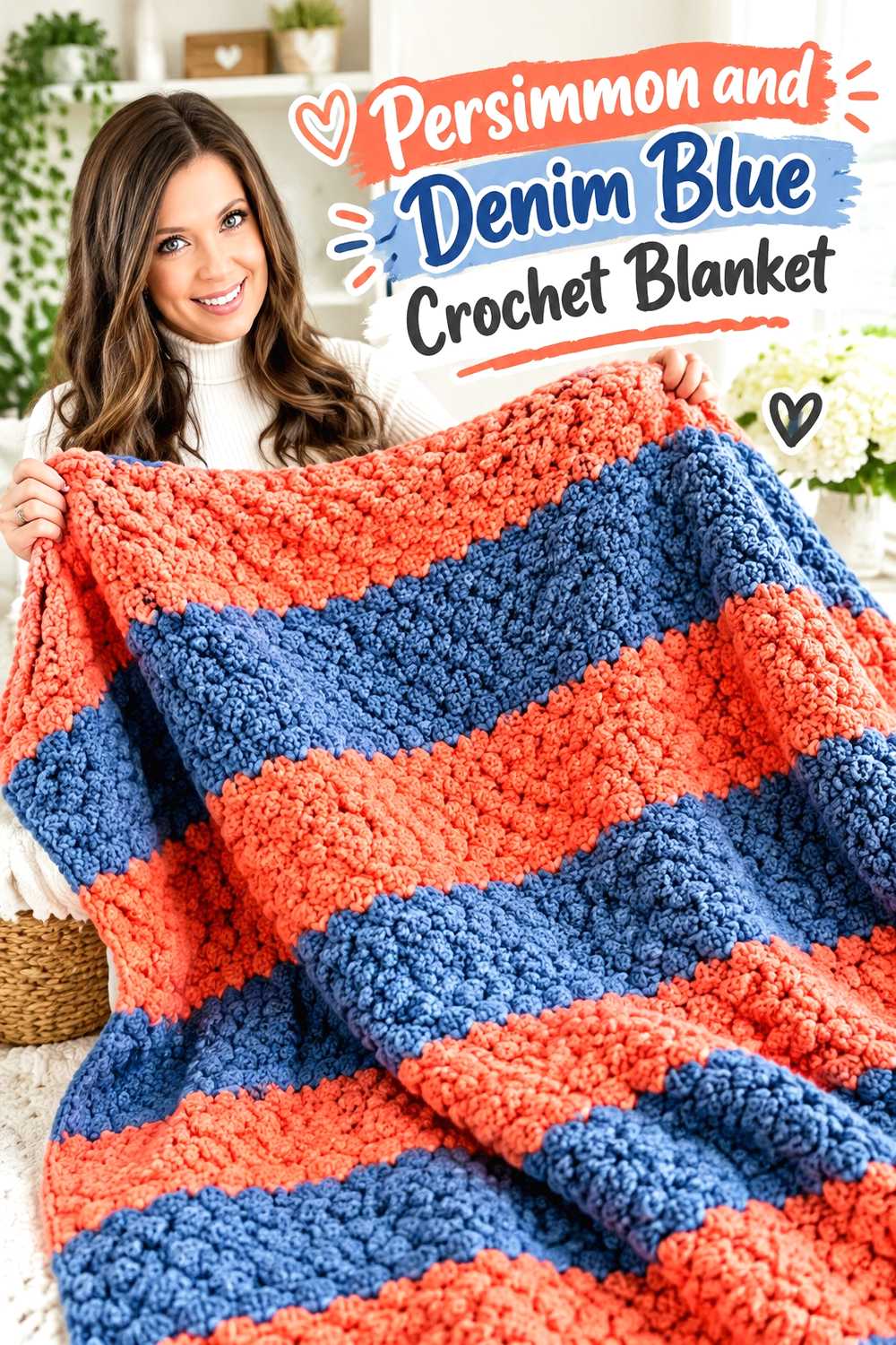 4. Persimmon And Denim Blue Crochet Blanket