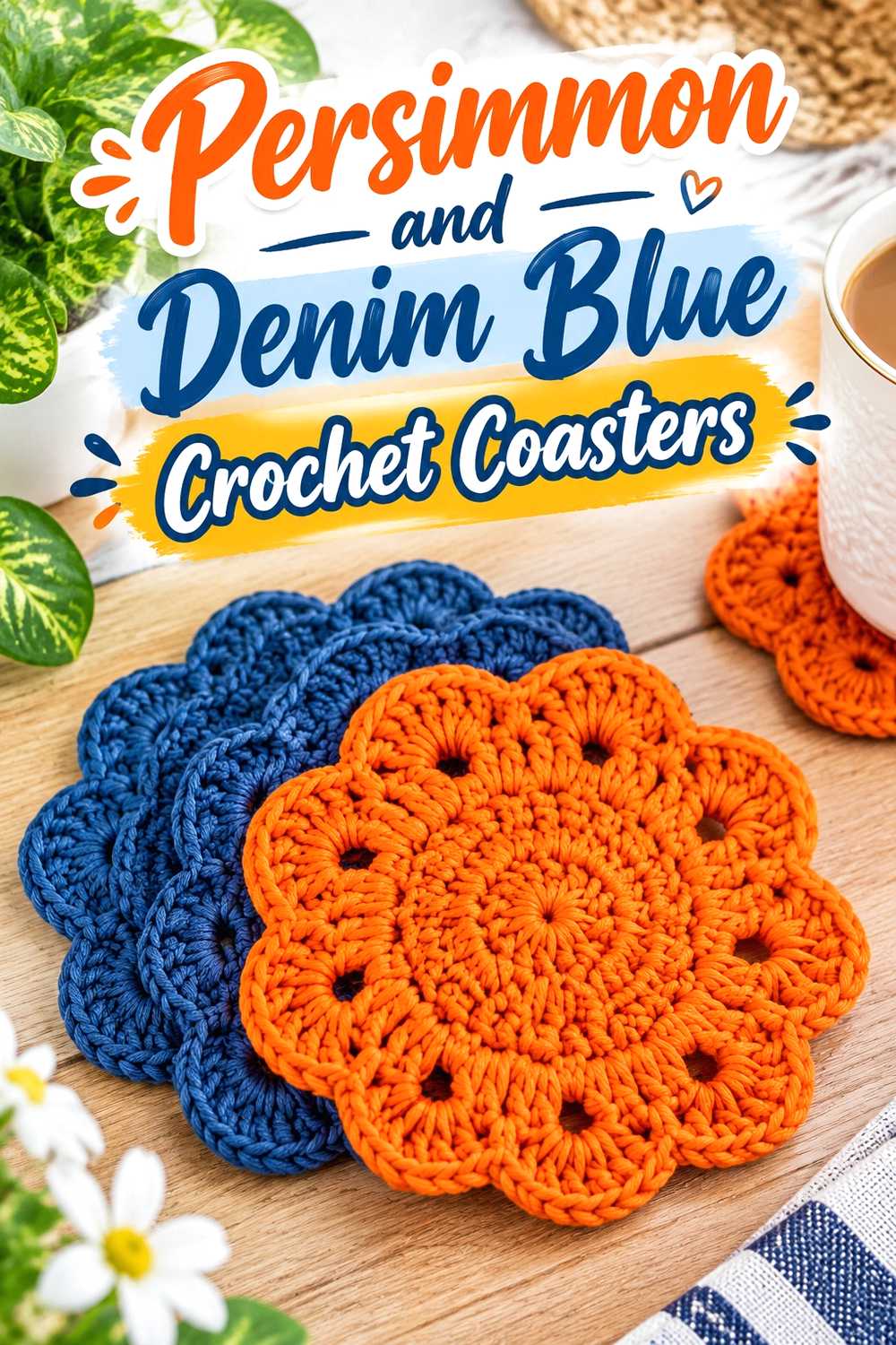11. Persimmon And Denim Blue Crochet Coasters