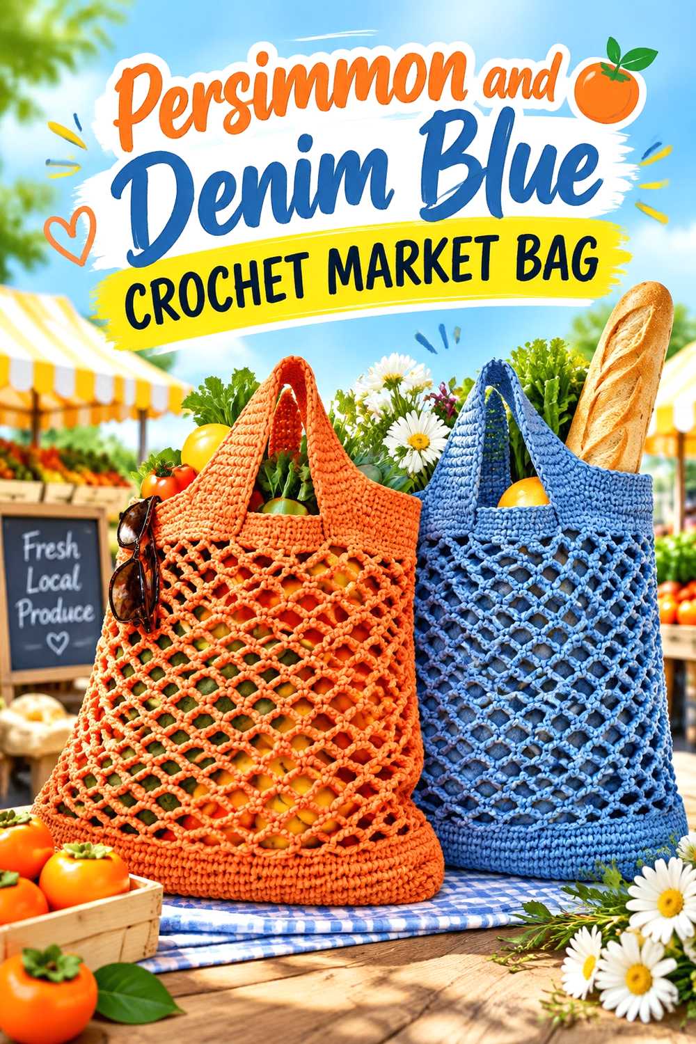 16. Persimmon And Denim Blue Crochet Market Bag