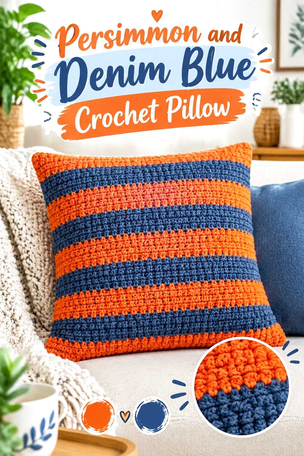1. Persimmon And Denim Blue Crochet Pillow