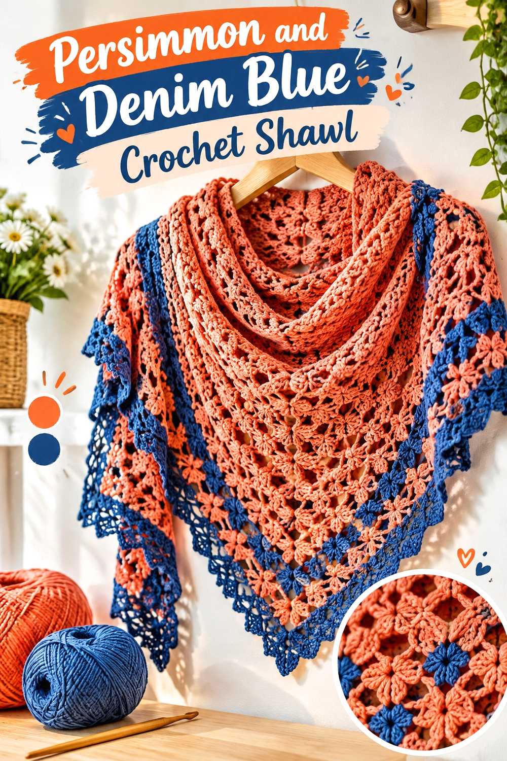 9. Persimmon And Denim Blue Crochet Shawl