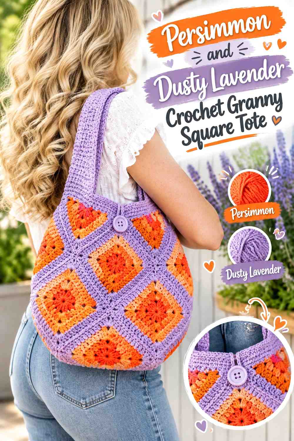 4. Persimmon And Dusty Lavender Crochet Granny Square Tote