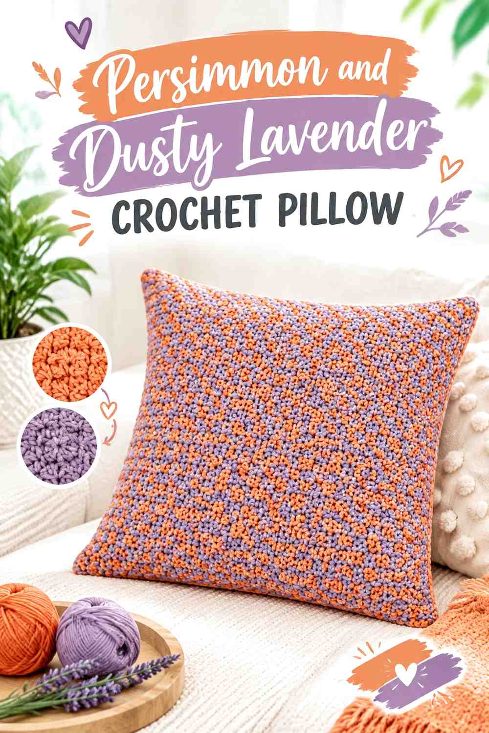 3. Persimmon And Dusty Lavender Crochet Pillow