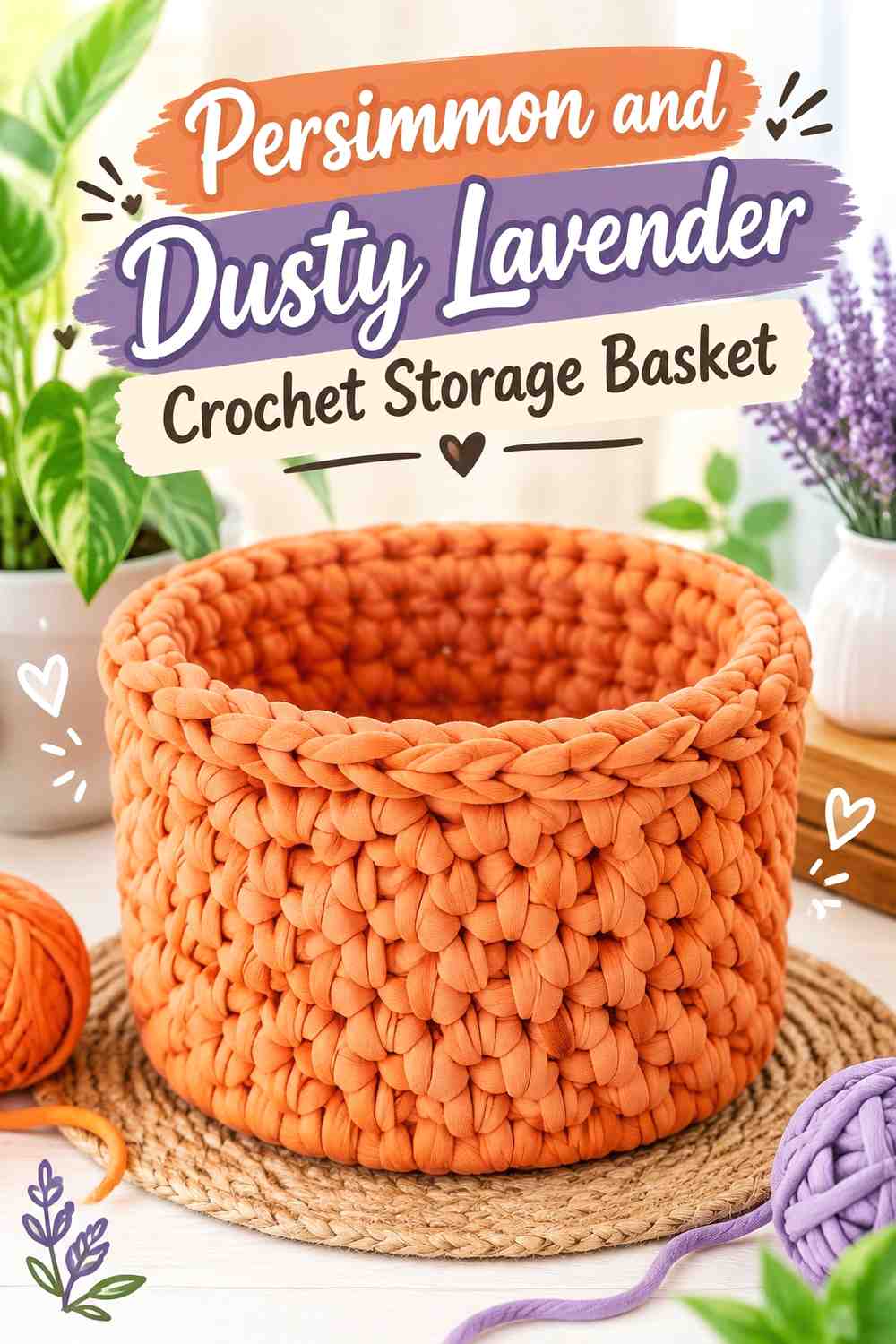 13. Persimmon And Dusty Lavender Crochet Storage Basket