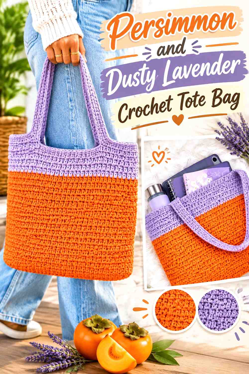 15. Persimmon And Dusty Lavender Crochet Tote Bag