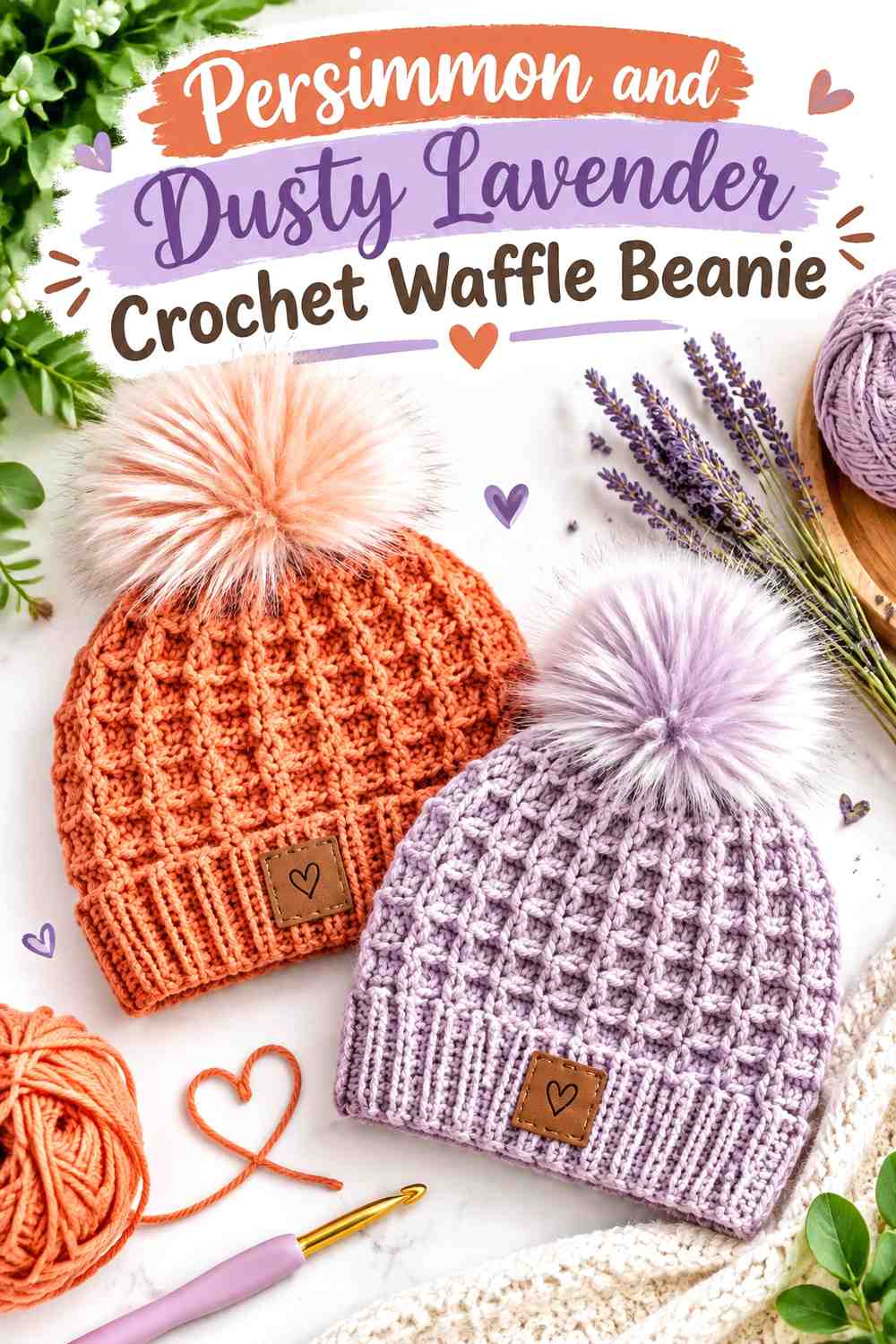 17. Persimmon And Dusty Lavender Crochet Waffle Beanie