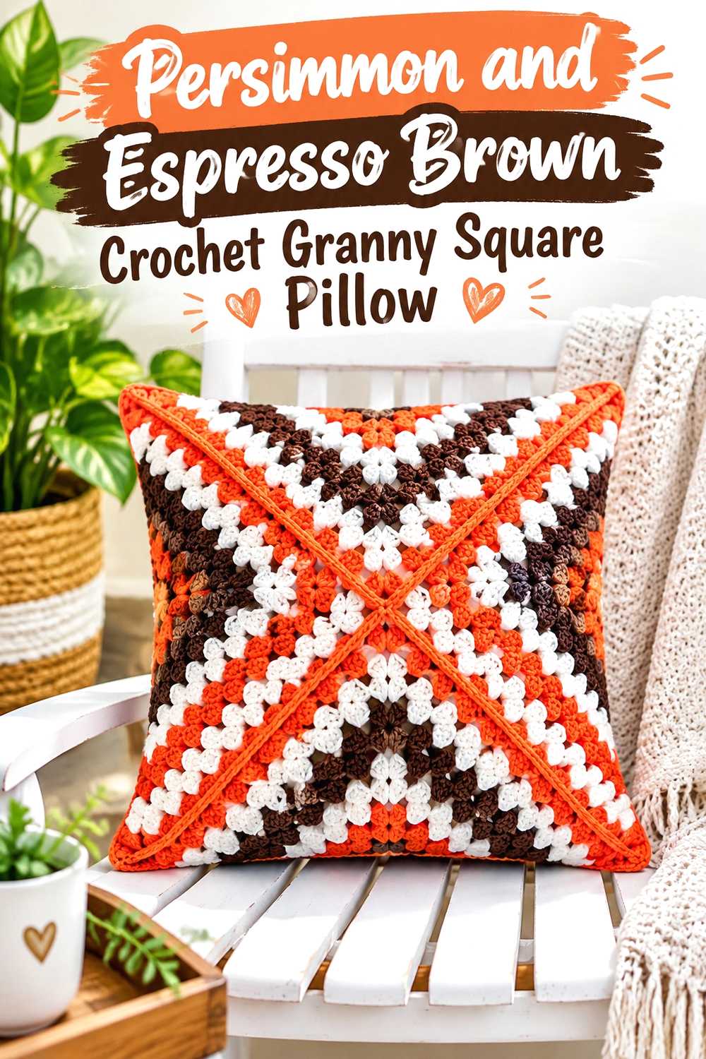 18. Persimmon And Espresso Brown Crochet Granny Square Pillow
