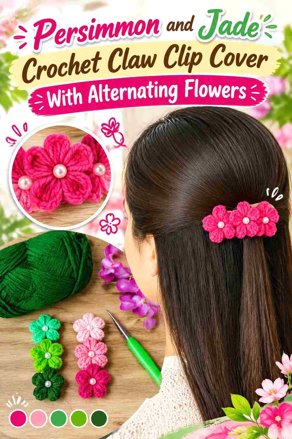 6. Persimmon And Jade Crochet Claw Clip Cover With Alternating Flowers