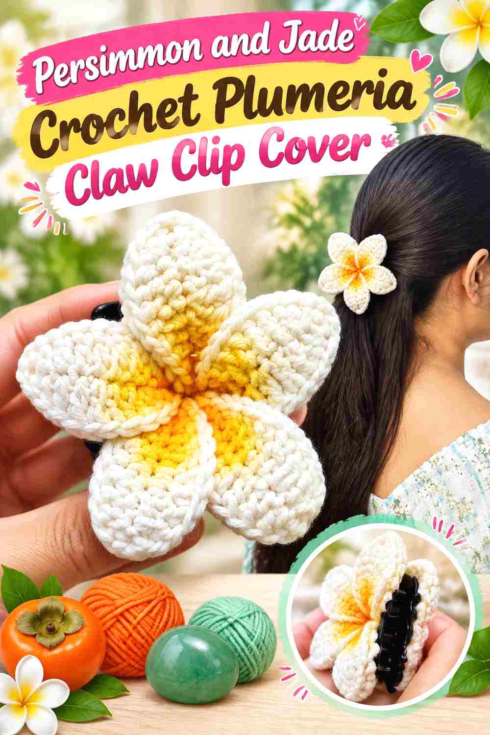 10. Persimmon And Jade Crochet Plumeria Claw Clip Cover