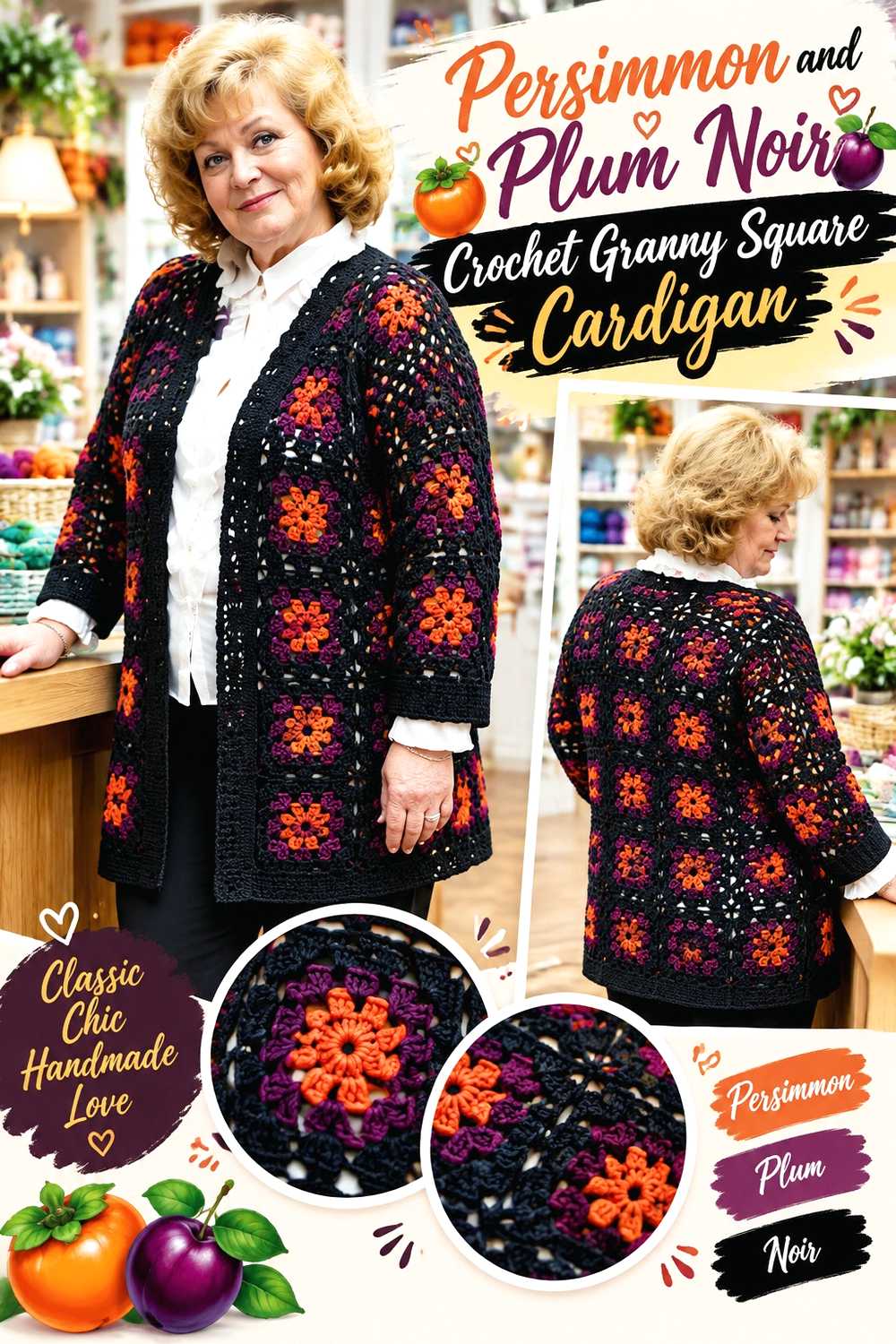 2. Persimmon And Plum Noir Crochet Granny Square Cardigan