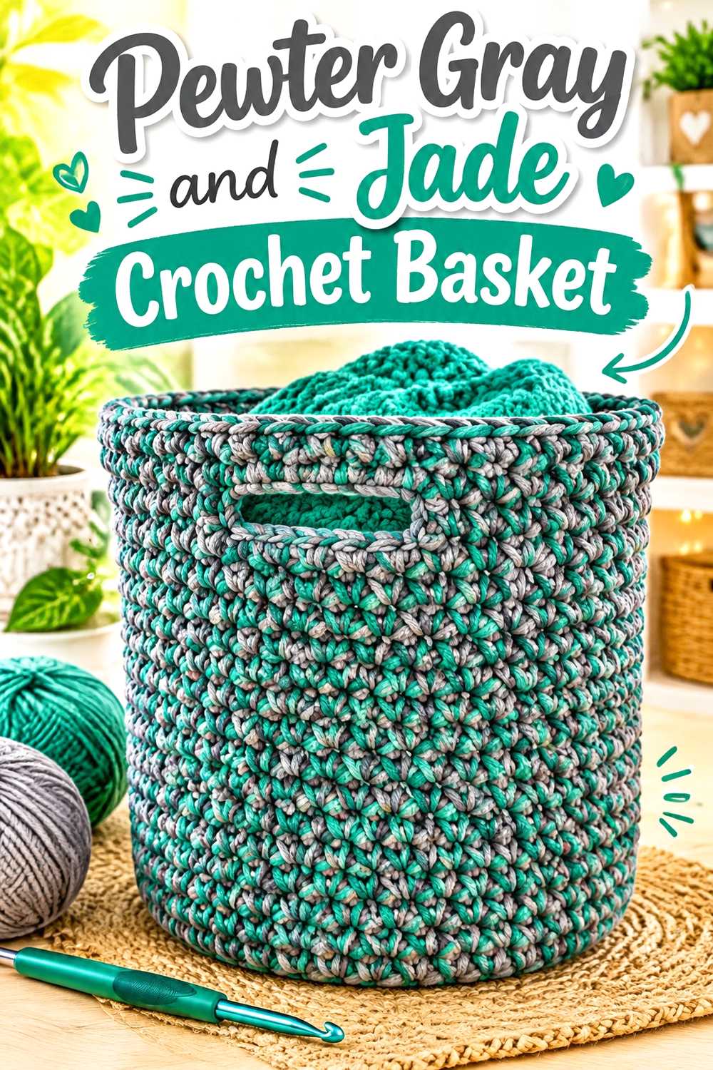 8. Pewter Gray And Jade Crochet Basket