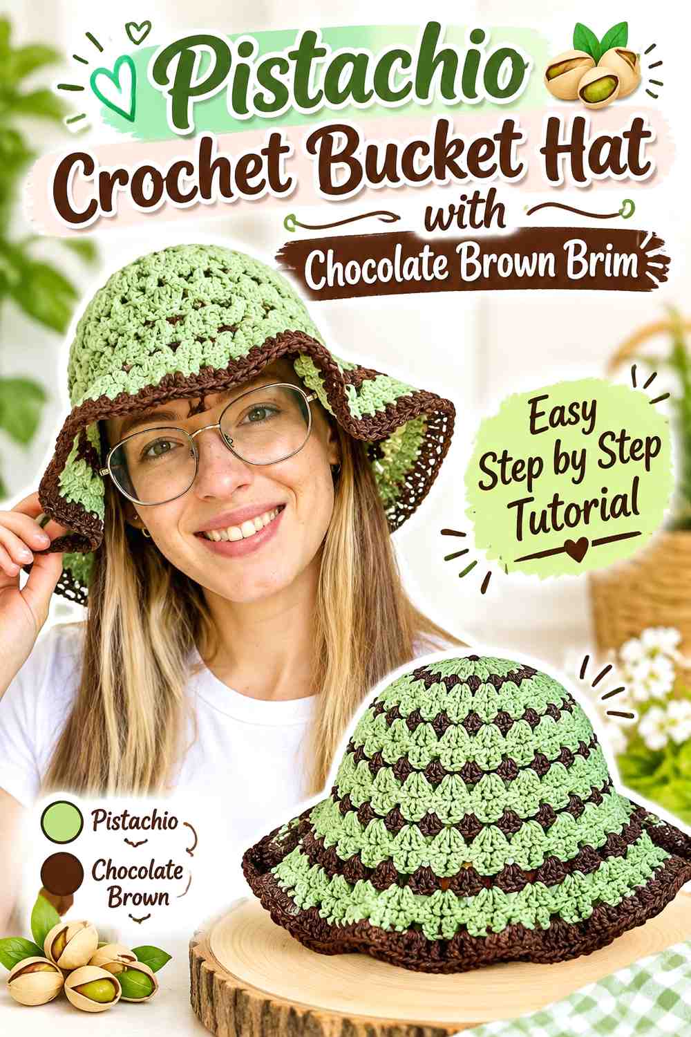 6. Pistachio Crochet Bucket Hat With Chocolate Brown Brim